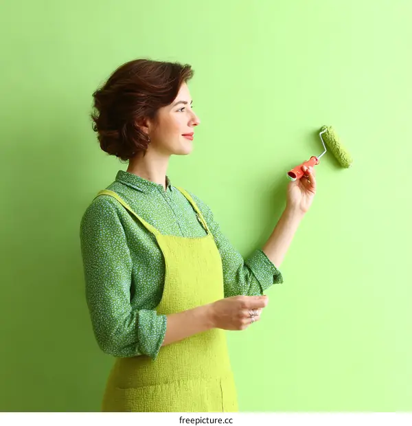 Woman painting green wall with roller brush at home
