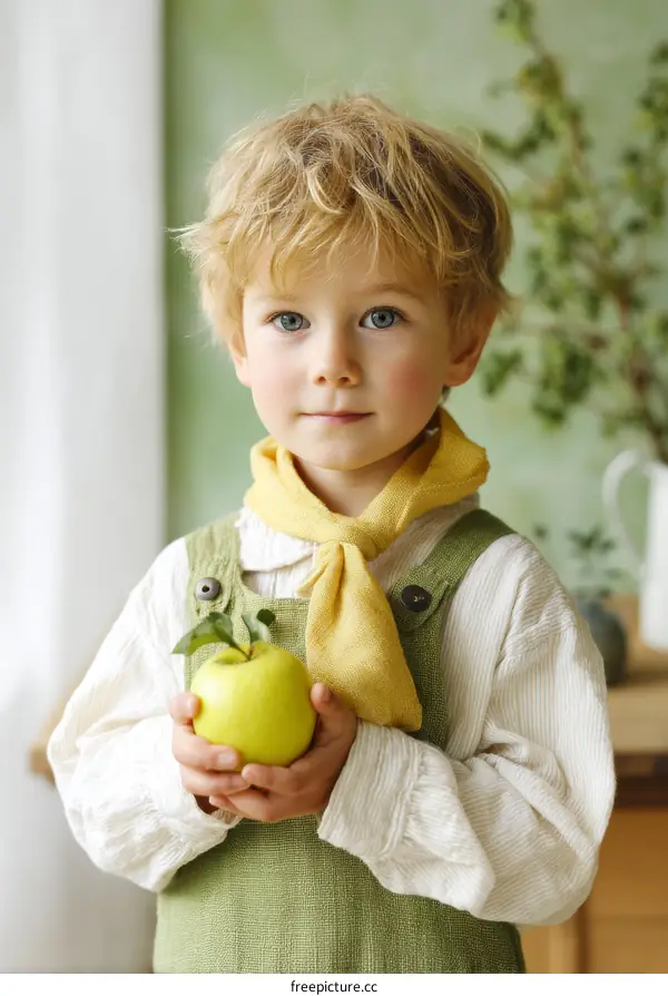 Adorable Child Holding a Green Apple