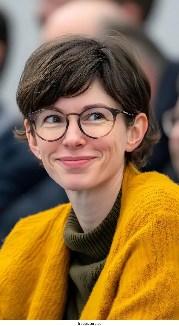 Smiling Woman in Yellow Sweater and Glasses