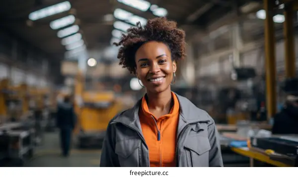 Portrait of a smiling young African American woman in a factory.