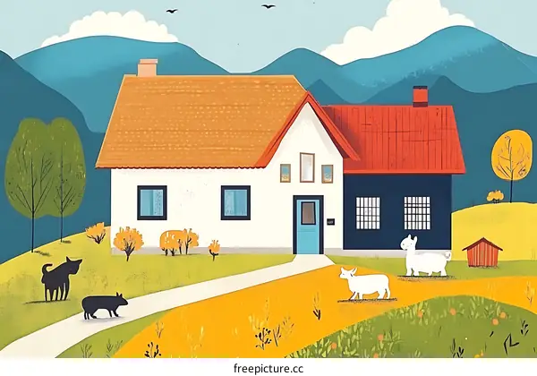 Cute Cartoon Illustration Of A White House With Red Roof In The Mountains