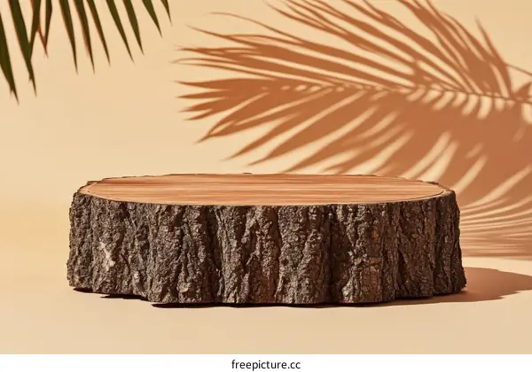 Wooden Stump Display Stand with Palm Leaf Shadow