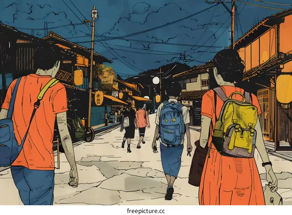 People Walking Down a Street in a Japanese City at Night