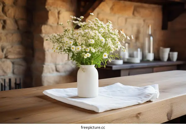 A beautiful bouquet of white daisies sitting on a wooden table