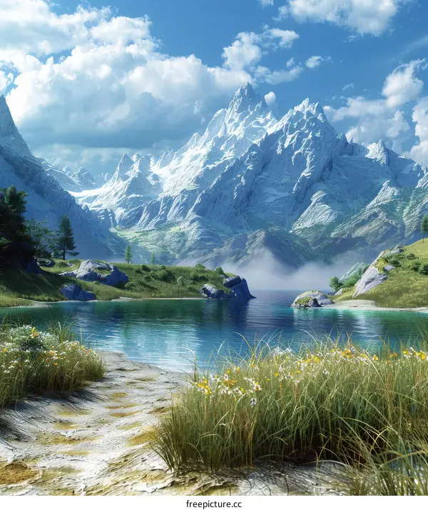 Scenic Mountain Lake and Lush Green Meadows