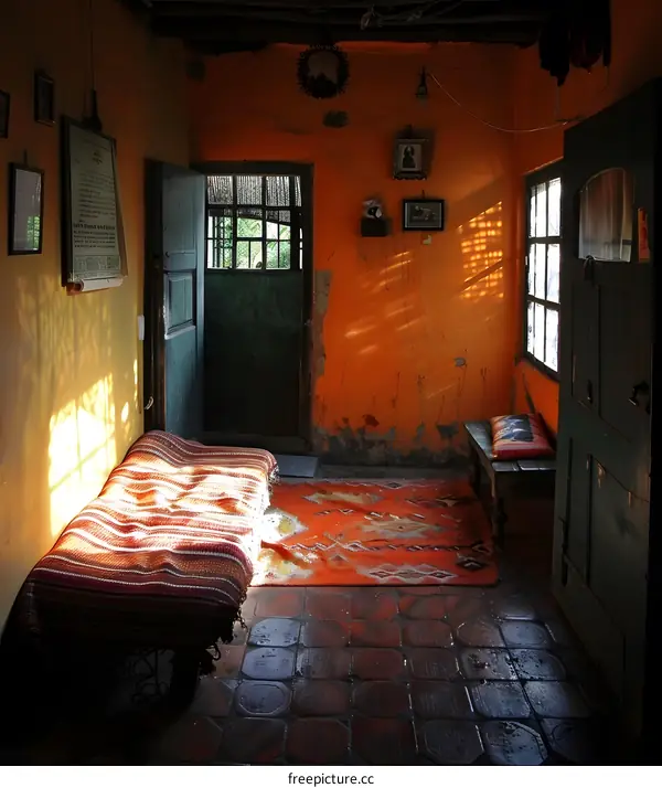 A simple room with a bed, a bench, and a few religious pictures on the wall
