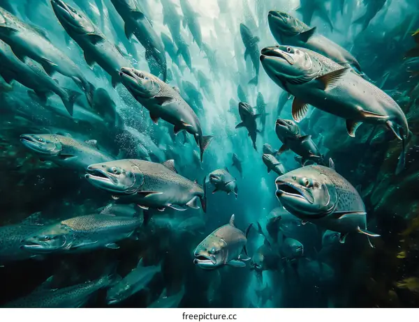 A large school of sockeye salmon swim in the ocean.