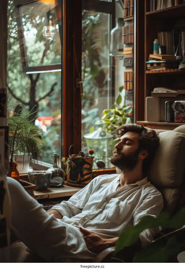Bearded man relaxing in a chair near a window