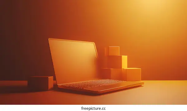 Modern Laptop with Orange Geometric Boxes