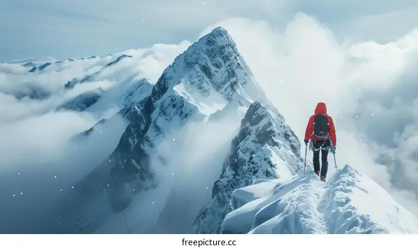 A lone mountaineer reaches the summit of a snow-capped mountain.