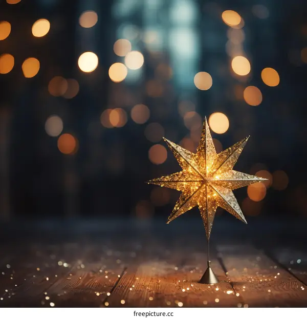 Golden Christmas Star Decor with Bokeh Effect