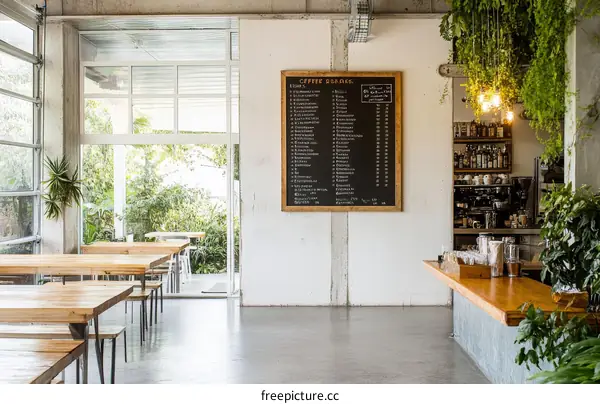 Modern Cafe Interior with Wooden Furniture