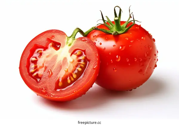A tomato cut in half with water droplets on the skin
