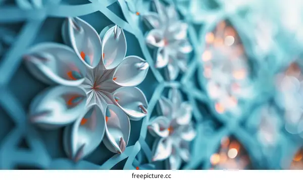 Blue and white paper flower wall sculpture with blurred background
