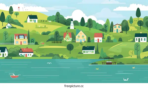 Colorful Illustration of a Small Town in a Green Meadow