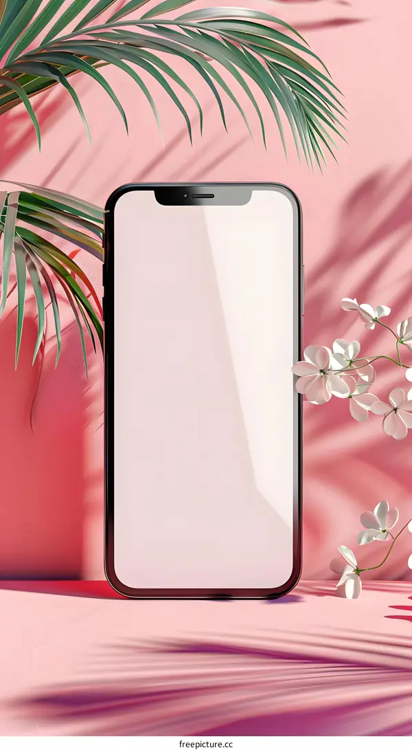 Blank Smartphone Screen Mockup With Tropical Plants and Flowers