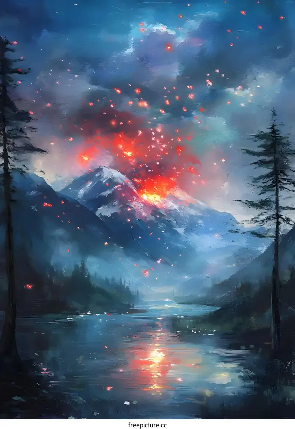 Mountain Lake with Fireflies at Night