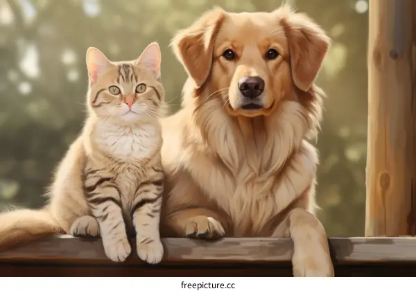 Ginger Cat and Golden Retriever Resting on Wooden Fence
