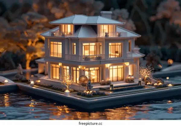 Luxury House on the Lake at Night