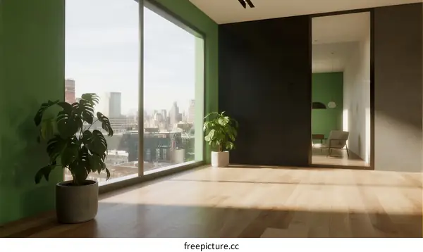 Modern bright room with large windows and green plants