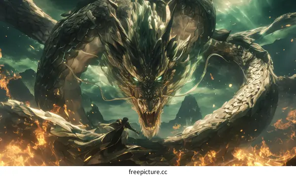 A green dragon is flying in the sky above a man with a sword