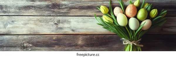 Easter Decor with Tulips and Eggs on Wooden Background