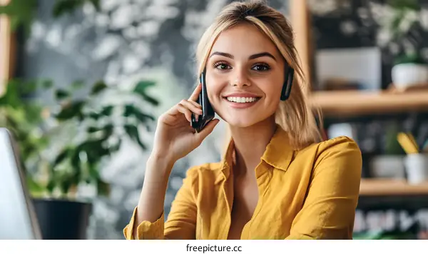 Smiling Woman Talking on Phone in Office