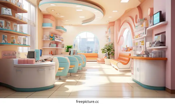 A Rendering of a Modern Pharmacy with Colorful Interior