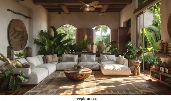 Indoor living room with white sofa and tropical plants