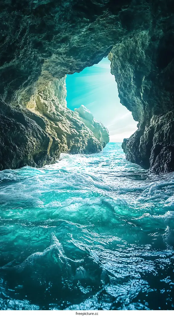 Sea Cave View with Ocean and Sky Through Entrance