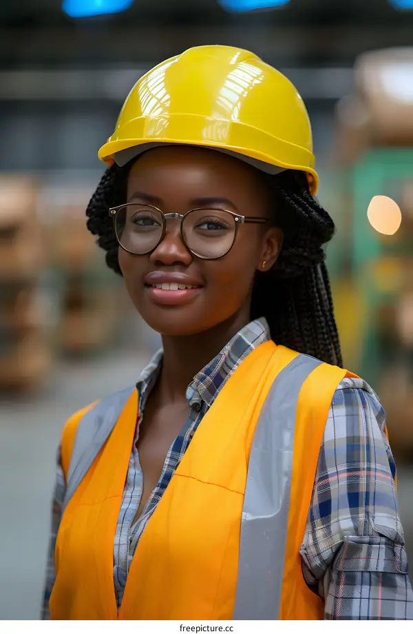 portrait of a smiling young woman wearing a hard hat and safety vest