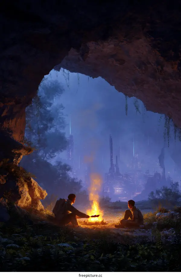 Two People Sit Around Campfire in a Cave at Night