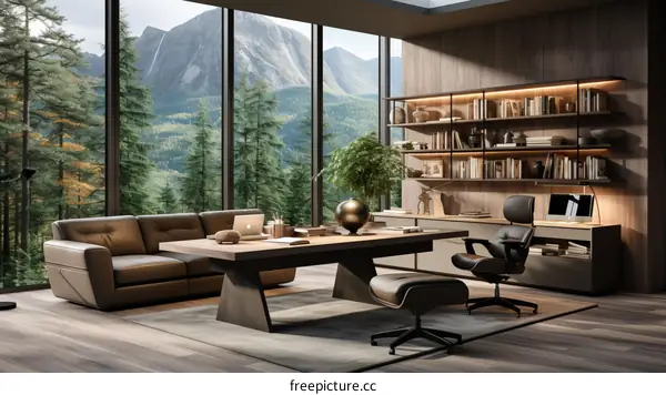 Modern office interior with large windows and mountain view