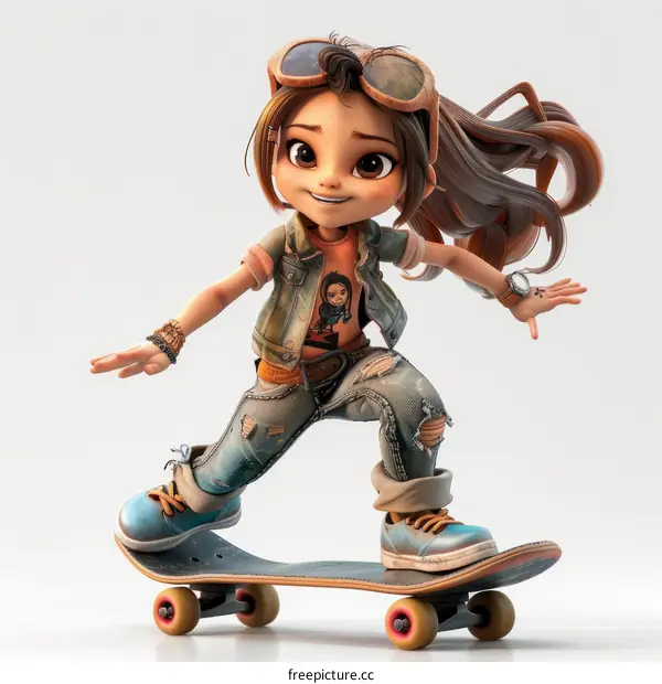 3D Cute Cartoon Girl Character Skateboarding