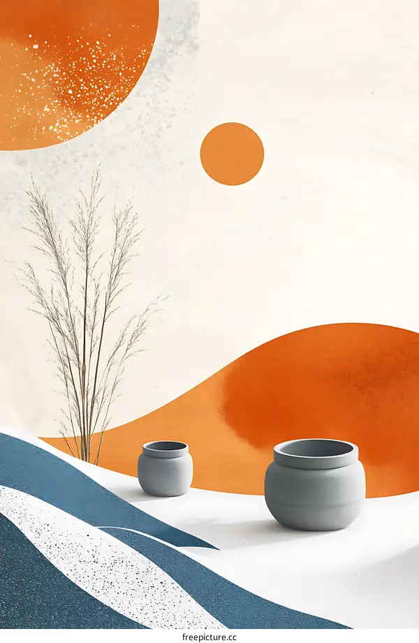 Abstract Landscape with Grey Pots and Orange Circles