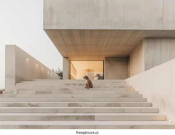 Dog Sitting on Stairs in Front of Modern Concrete House