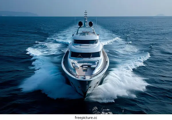 A luxury yacht cuts through the waves