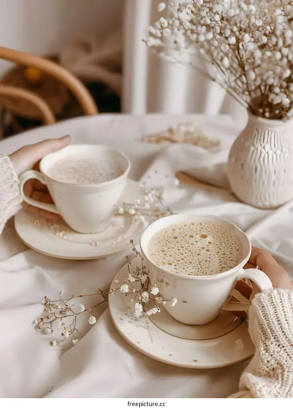 Two Cups of Coffee on a Table with Flowers