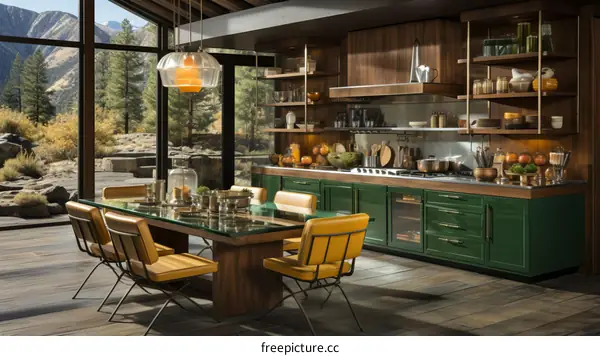 kitchen with green cabinets and wood dining table