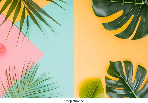 Tropical Leaves on Colorful Background