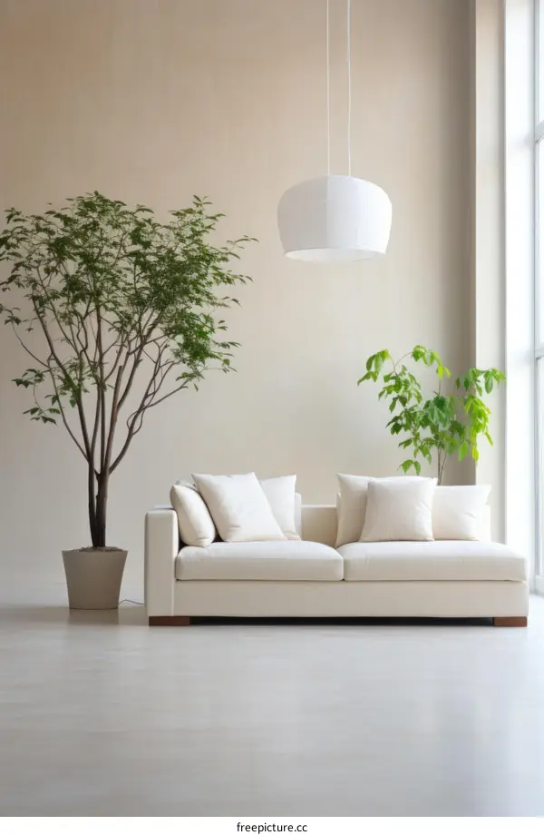 A sofa in a room with a tree and a lamp