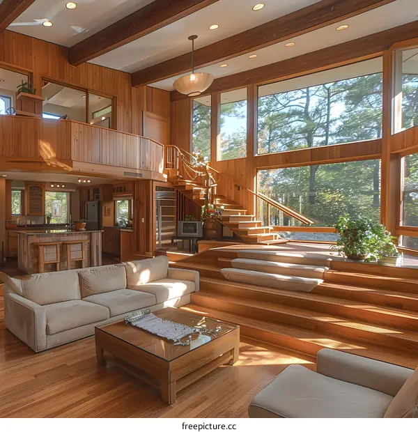 A wooden house interior with a living room and kitchen