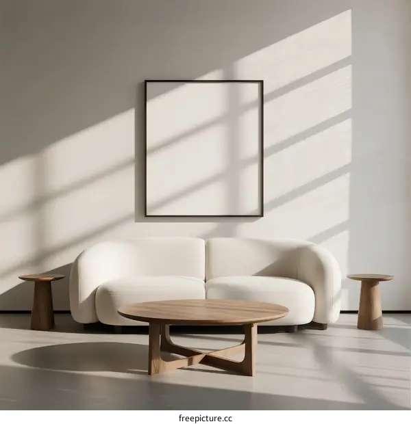Minimalist Living Room Interior with White Sofa and Wooden Coffee Table