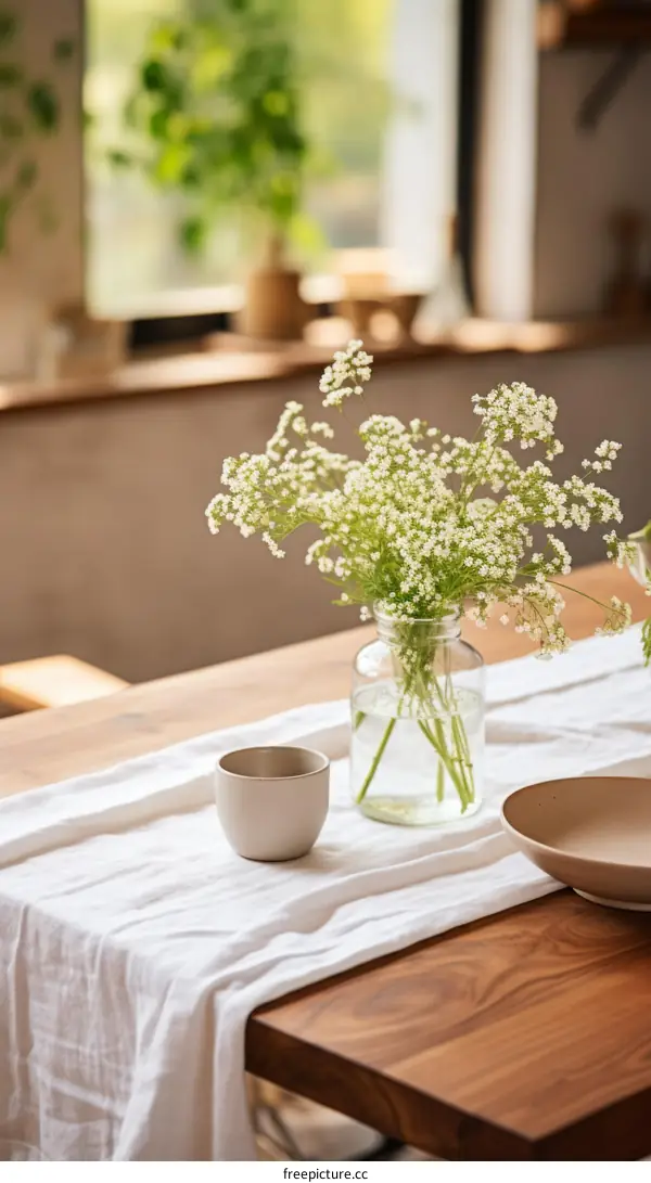 A Simple And Elegant Table Setting With A Vase Of Flowers