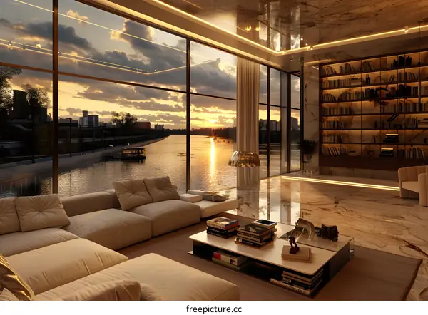 Modern Living Room with River View at Sunset