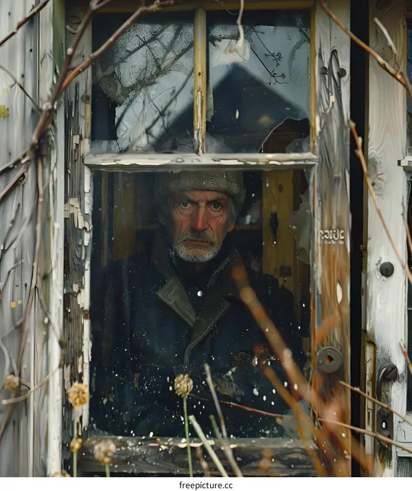 An old man looks out the window