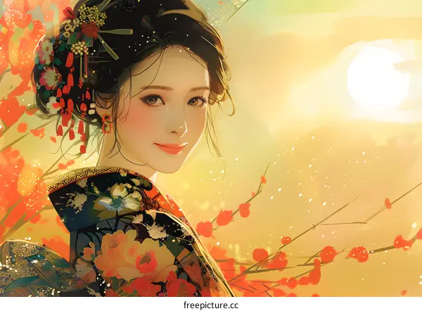 An illustration of a beautiful Japanese woman in a kimono with a traditional hairstyle and hair accessories.