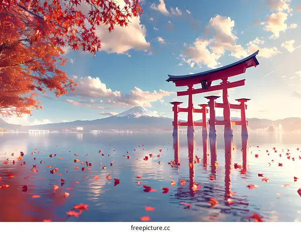 Red torii gate in lake with Mount Fuji in the distance