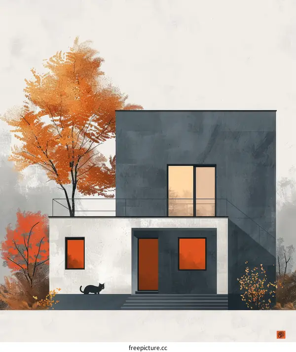 Modern House with Black Cat in Autumn