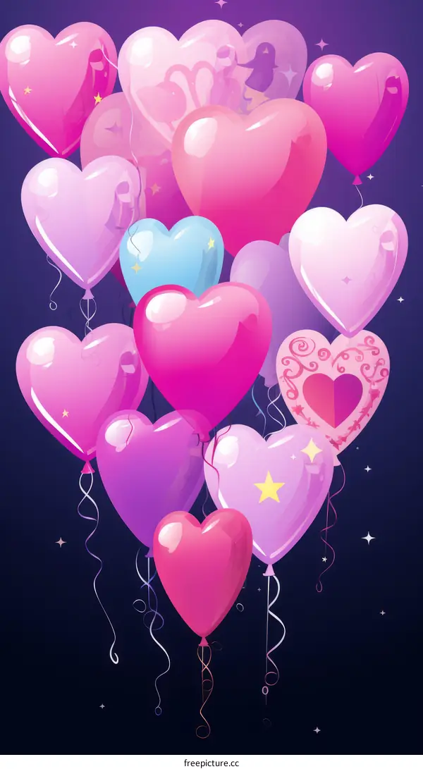 Pink and purple heart-shaped balloons with sparkles